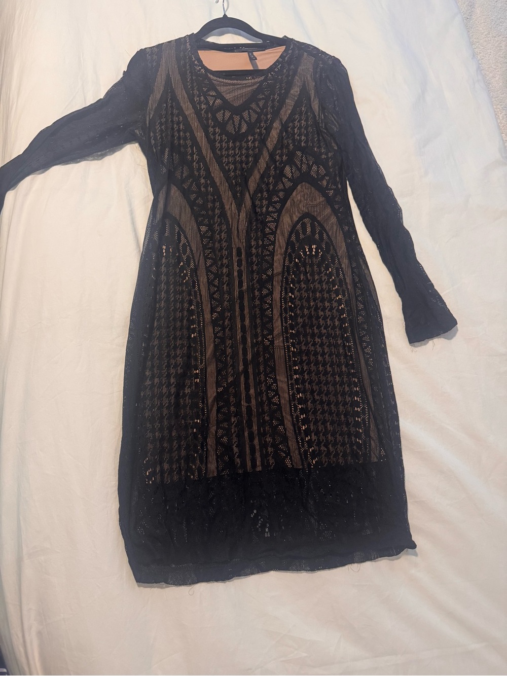 BCBGMaxAzria Black Lace Midi Dress with Nude Underlayer